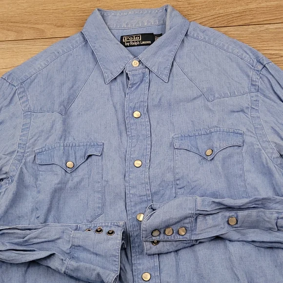 POLO RALPH LAUREN Light Blue Weave Cotton Medium Snap Western Long Sleeve Shirt - Picture 3 of 7